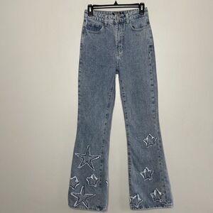 NASTY GAL Flared Jeans Womens 4 High Rise Distressed Applique Stars Festival